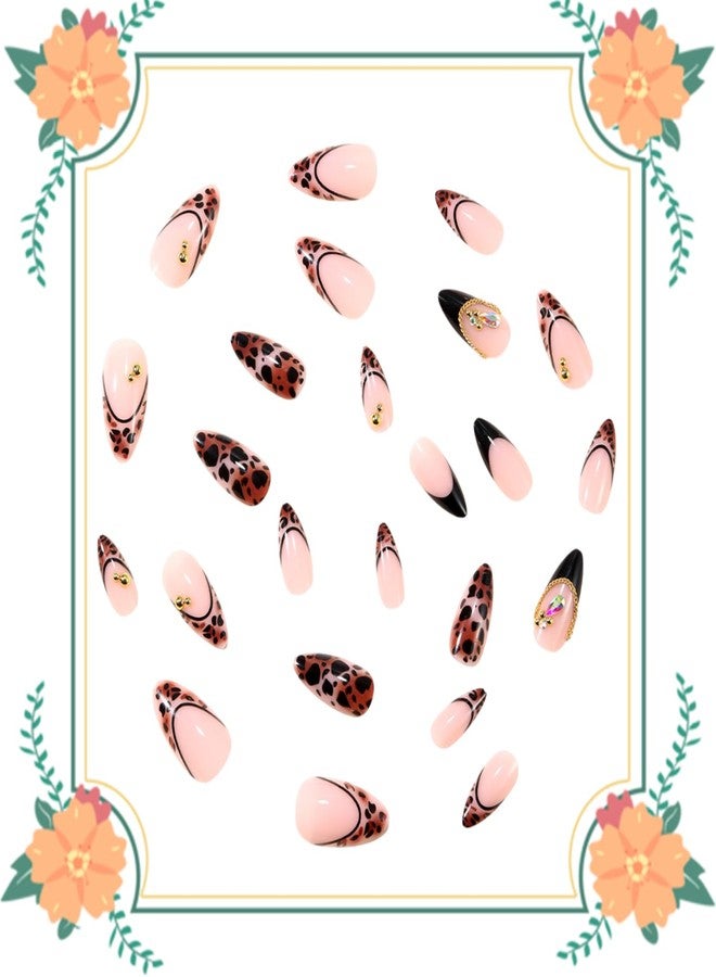 CJDLTS 24Pcs French Black Leopard Print Press on Nails Medium Artificial Almond Acrylic Fake Nails Gold Beads Stick on Nail Full Cover Metal Chain Reusable Coffin Artificial Fingernails for Women Manicure - Image 2